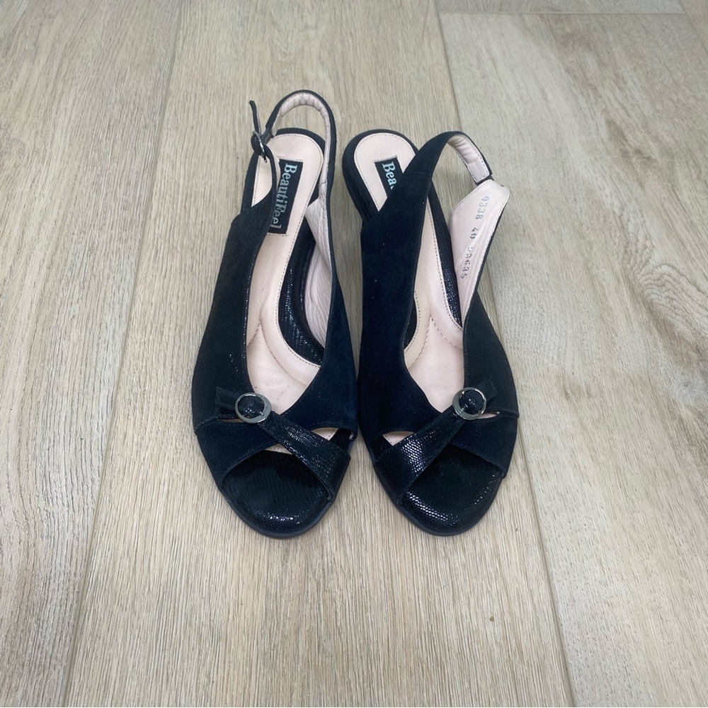 Beautifeel Mia Black Luminous Suede slingback peep toe pumps Size 40 / US 9